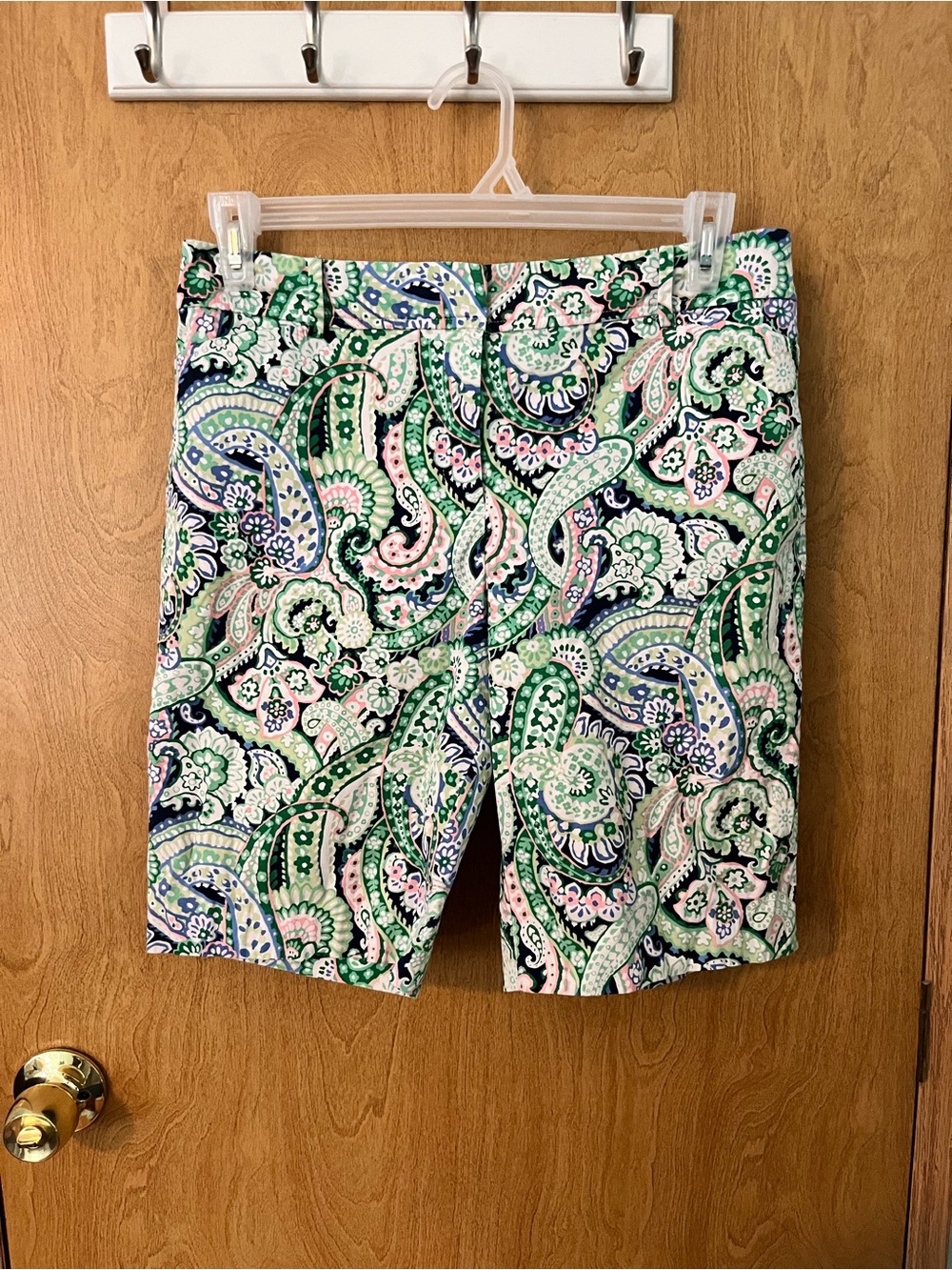 Talbots Watercolor Paisley Print Shorts Green, Navy & Pink SZ 10 Waist 32” EUC